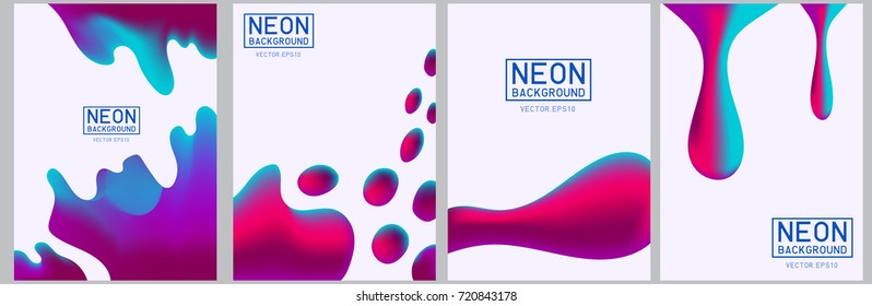 Neon liquid color splash cover vector set. Futuristic fluid paint template. Abstract neon background on black.