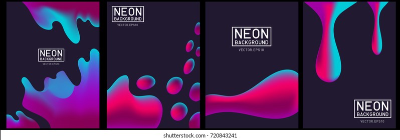 Neon Liquid Color Splash Cover Vector Set. Futuristic Fluid Paint Template. Abstract Neon Background On Black.