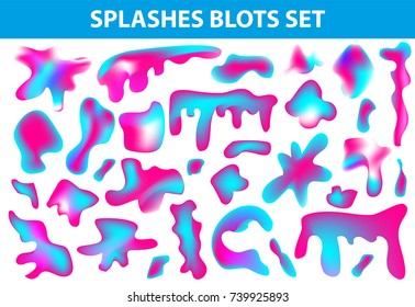 Neon liquid stains splashes set. Fluid streaks and divorces collection. Drops spots. Isolated on white background. Splashes blots. Vector illustration