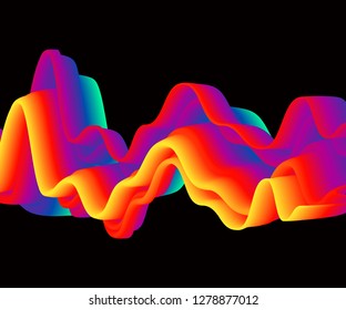 Onda líquida de neón aislada en negro, diseño de volante abstracto, ilustración vectorial. Forma futurista brillante, sonido de pulso, concepto de invitación discoteca.