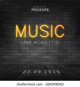 Neon Live acoustic music concert party poster. Glow neon light music sign on wall.