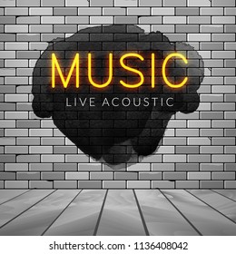 Neon Live acoustic music concert party poster. Glow neon light music sign on wall.