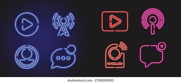 Ícone de botão Neon LIVE definido em várias cores no fundo escuro, ícone de transmissão ao vivo Neon, logotipo e símbolo da estrutura de tópicos