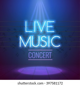 Neon Live Music Concert Acoustic Party Poster Background Template With Spotlight And Stage.