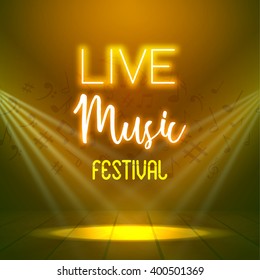 Neon Live Music Concert Acoustic Party Poster Background Template with spotlight and stage.