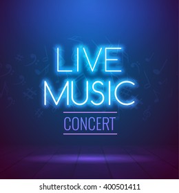 Neon Live Music Concert Acoustic Party Poster Background Template With Spotlight And Stage.