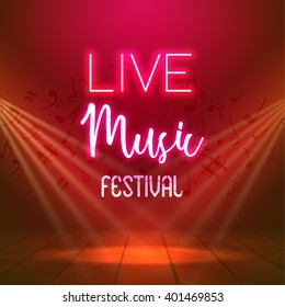 Neon Live Music Concert Acoustic Party Poster Background Template with spotlight and stage.