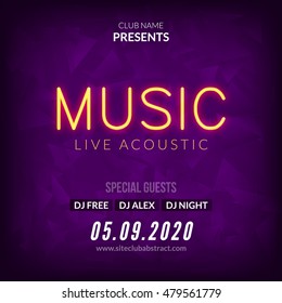 Neon Live Music Concert Acoustic Party Poster Background Template with neon text sign flyer.