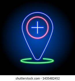 neon location icon with medical cross symbol on background