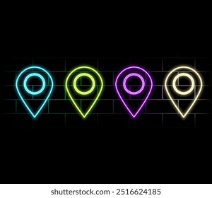 Neon location icon. Retro pink glowing location sign. Night light advertising. Vector illustration.