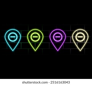 The neon location indicator icon is yellow. Isolated element glow-in-the-dark pointers on the map in yellow colors a line with a circle inside for a design template.