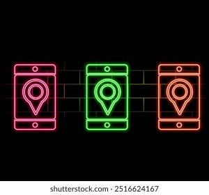 The neon location indicator icon is yellow. Isolated element glow-in-the-dark pointers on the map in yellow colors a line with a circle inside for a design template.