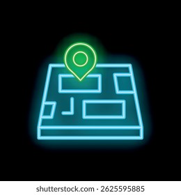 Neon location pin showing the position on a map made of glowing blue lines