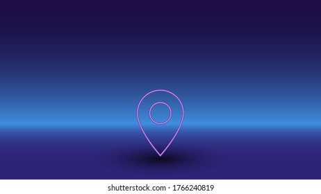 Símbolo de ubicación de neón en un fondo azul gradiente. El símbolo aislado está situado en el centro inferior. Azul degradado con horizonte azul claro