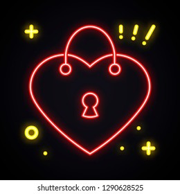 Neon lock sign. Light padlock symbol. Safety, secret, privacy, protection theme. Bright heart shape.