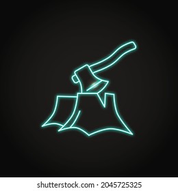 Neon logging icon in thin line style. Deforestation symbol. Tree stump and axe. Vector illustration.