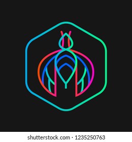 the neon logo of a bee on a dark background with lines