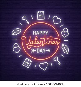 Neon logo, label, emblem. Happy Valentine's Day. Neon sign, bright signboard, light banner. 