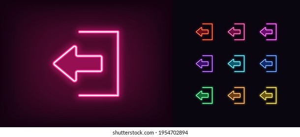 Neon Logout Symbol. Das neonische Ausstiegsschild wird durch die Umrisslinie des Benutzers in lebhaften Farben beendet. Online-Zugang, Logout-Account, Anmelden, persönliches Profil hinterlassen. Vektorsymbol-Set, -Zeichen, Symbol der Benutzeroberfläche