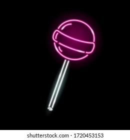 Neon lollipop icon isolated on black background. Sweets, candy, girly concept for logo, banner. Vector 10 EPS illustration.