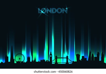 Neon London skyline detailed silhouette, vector illustration