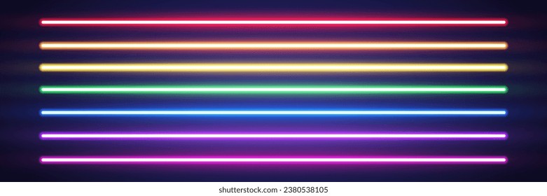 Neon long lines set. Rainbow border. Color laser beam. Realistic led neon tube. Shining night signboard. Bright design for party, game, web. Horizontal lamp sign. Retro neon wall. Vector illustration.