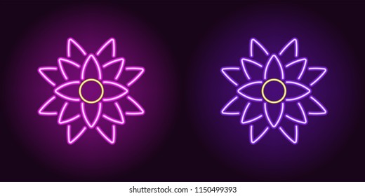 Neon lotus with backlight in purple and violet color. Vector illustration of Lotus flower icon in glowing neon style. Illuminated graphic element for decoration