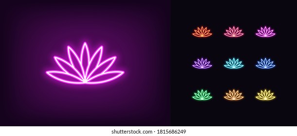 Neon lotus flower icon. Glowing neon lotus symbol, water lily in vivid colors. Yoga and meditation, beauty and wellness, harmony and relaxation. Icon set, sign, symbol for UI. Vector illustration