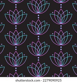 Patrón de flor de loto neón sobre fondo negro