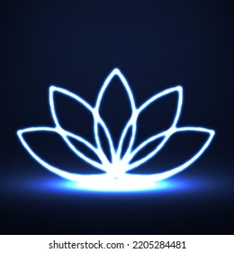 Logo del icono del neón loto. Símbolo de loto brillante. Ilustración del vector