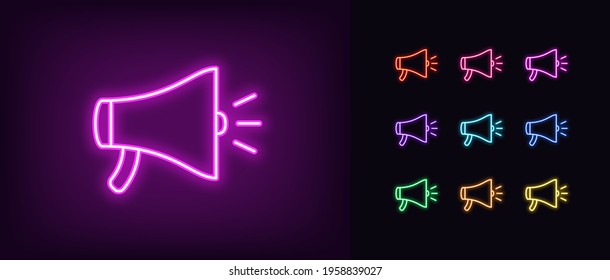 Neon loudspeaker icon. Glowing neon speaker sign, outline megaphone pictogram in vivid colors. Online marketing, promotion in social media, public propaganda. Vector icon set, sign, graphic symbol