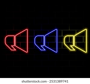 Neon loudspeaker icon. Glowing neon speaker sign, outline megaphone pictogram in vivid colors. Online marketing, promotion in social media, public propaganda. Vector icon set, sign, graphic symbol.