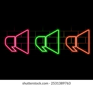 Neon loudspeaker icon. Glowing neon speaker sign, outline megaphone pictogram in vivid colors. Online marketing, promotion in social media, public propaganda. Vector icon set, sign, graphic symbol.2