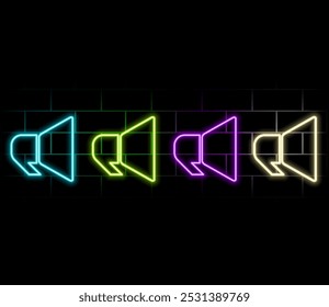 Neon loudspeaker icon. Glowing neon speaker sign, outline megaphone pictogram in vivid colors. Online marketing, promotion in social media, public propaganda. Vector icon set, sign, graphic symbol.3