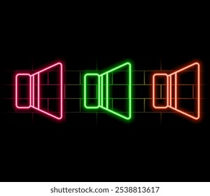 Neon loudspeaker icon. Glowing neon speaker sign, outline megaphone pictogram in vivid colors. Online marketing, promotion in social media, public propaganda. Vector icon set, sign, graphic symbol.