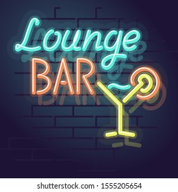 Neon lounge bar lettering and cocktail icon. Night illuminated wall street sign. Square illustration on brick wall background.