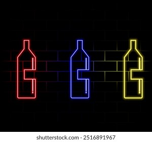 Neon lounge cocktails bar sign on dark brick wall background. Glowing gas advertising with glasses of alcohol shake. Drinking canteen banner. Night club invitation. Vector illustration..