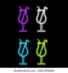 Neon lounge cocktails bar sign on dark brick wall background. Glowing gas advertising with glasses of alcohol shake. Drinking canteen banner. Night club invitation. Vector illustration..