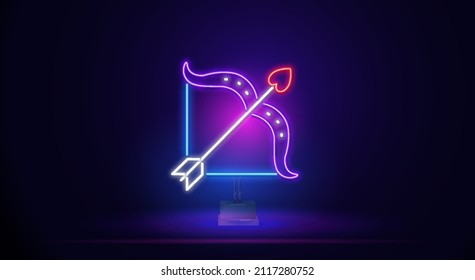 Neon love bow and arrow icon. Cupid's object. Happy Valentine's Day. An external banner with a glow effect. Luminous label. Editable stroke. Isolated vector stock illustration