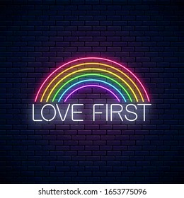 Neon Love first text and LGBT rainbow. Pride sign design template, LGBT logo, bisexual, gay and transgender rights banner design in neon style. Glow vector illustration.