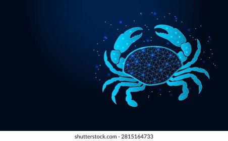 Neon low poly wireframe cancer zodiac sign on dark blue background.