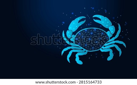 Neon low poly wireframe cancer zodiac sign on dark blue background.