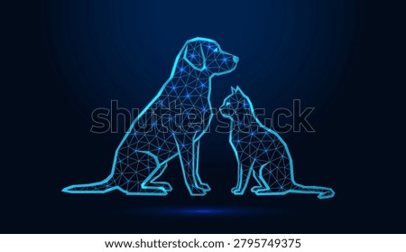 Neon low poly wireframe dog and cat sitting together on dark blue background.