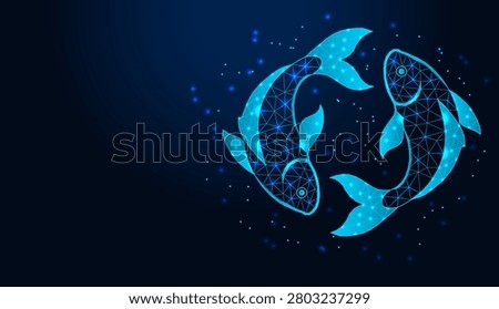 Neon low poly wireframe pisces zodiac sign on dark blue background.