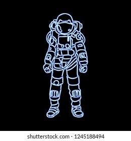 Neon luminous astronaut, print for T-shirt. Vector illustration cosmonaut. Beautiful drawing, patch, tattoos. Vintage pictures, postcard, background, wallpaper, posters