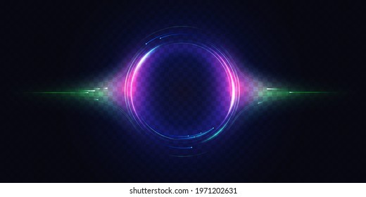 Neon luminous circle  light effect vector illustration  Glow circular round element  abstract radial motion lines  swirl flare  particles   bright energy rays dark transparent background