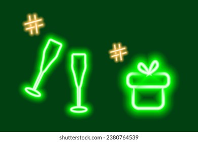 Neon luminous icons of gift box and 2 wine glasses with hashtags. Concept for greetings or search