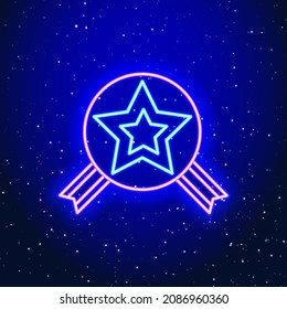 Neon luminous intertwined star and medal design. Linear achievement medal design. Gift medal with neon star in space Unique and realistic neon icon. Linear icon on blue background.