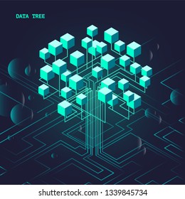 Neon luminous isometric data tree demonstrates the high technology of the future