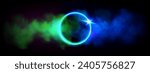 Neon luminous ring frame with blue and green gradient cloud or smoke and sparkle. Realistic vector led light circle with glowing fog on dark background. Magic futuristic surreal game portal with haze